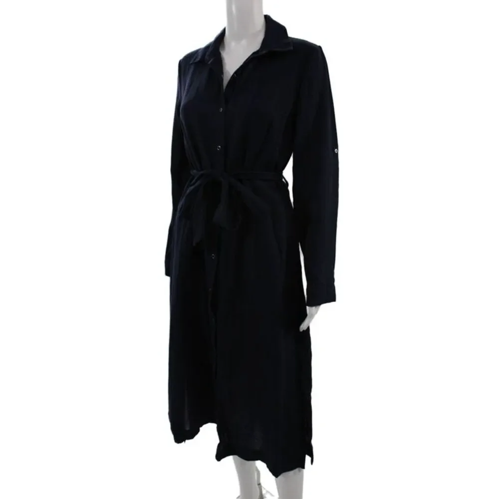 T Tahari Women Shirt Dress Navy Collared Long Sleeve Button Rayon Size S - Picture 2 of 7